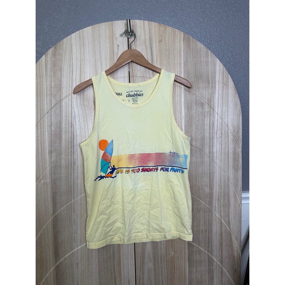 Chubbies Mens Yellow Surf Graphic‎ Tank Top Life is Too Short For Pants Small